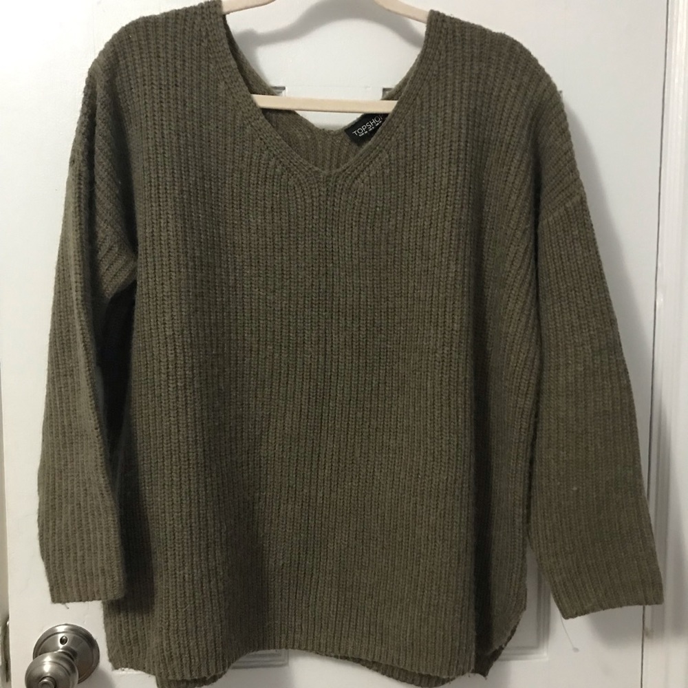 Topshop Olive V-Neck Sweater